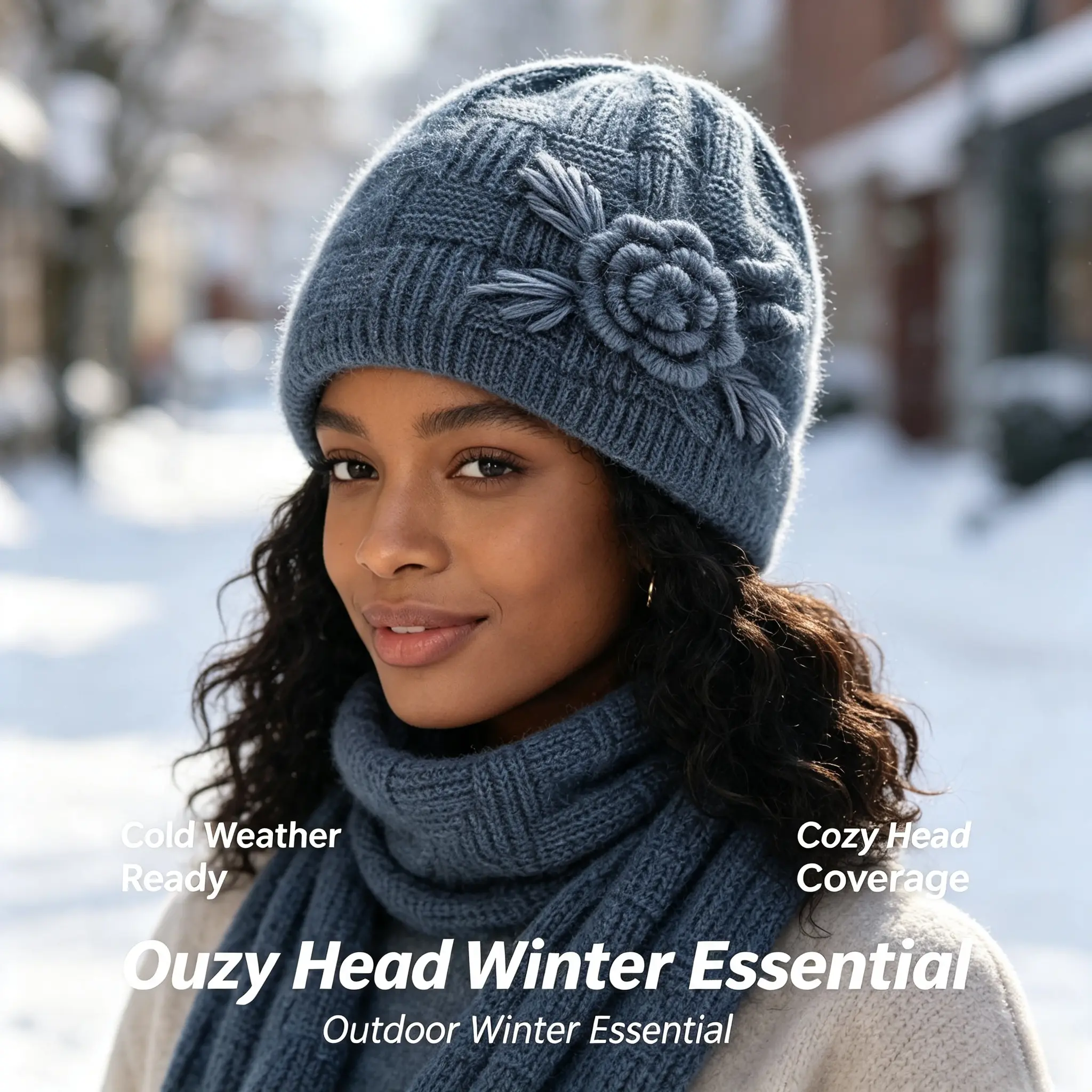 Floral Accent Winter Beanie Hat For Women, Stretchy Warm Windproof Cold‑Weather Headwear, Fashion Hat For Outdoor And Daily Use