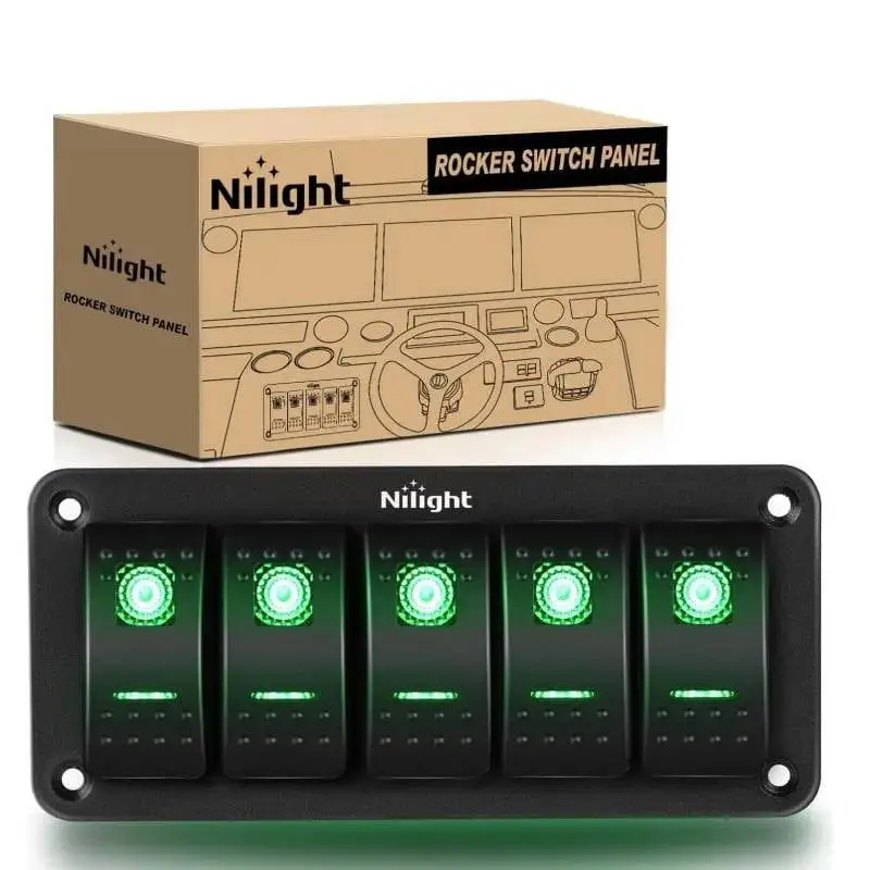 Nilight 5-Gang Aluminum 5-Pin Green ON/OFF Rocker Switch Panel for Motorcycles, Trailers, Boats, Jeeps, DIY Stickers