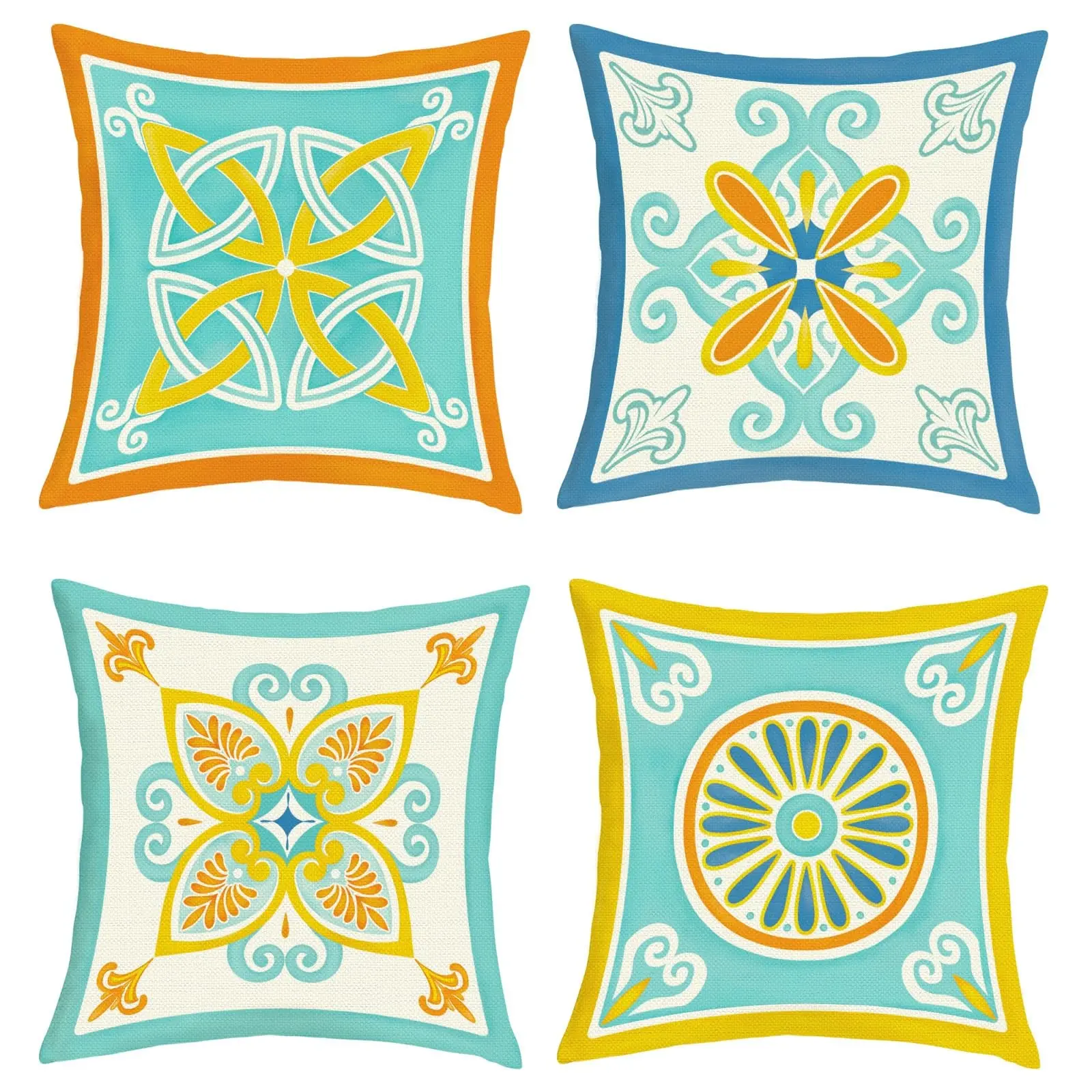 Bohemian Mandala Flower Pillow Covers Set of 4, 18x18 Inch Geometric Floral Cushion Cases, Home Decor for Sofa Bedroom