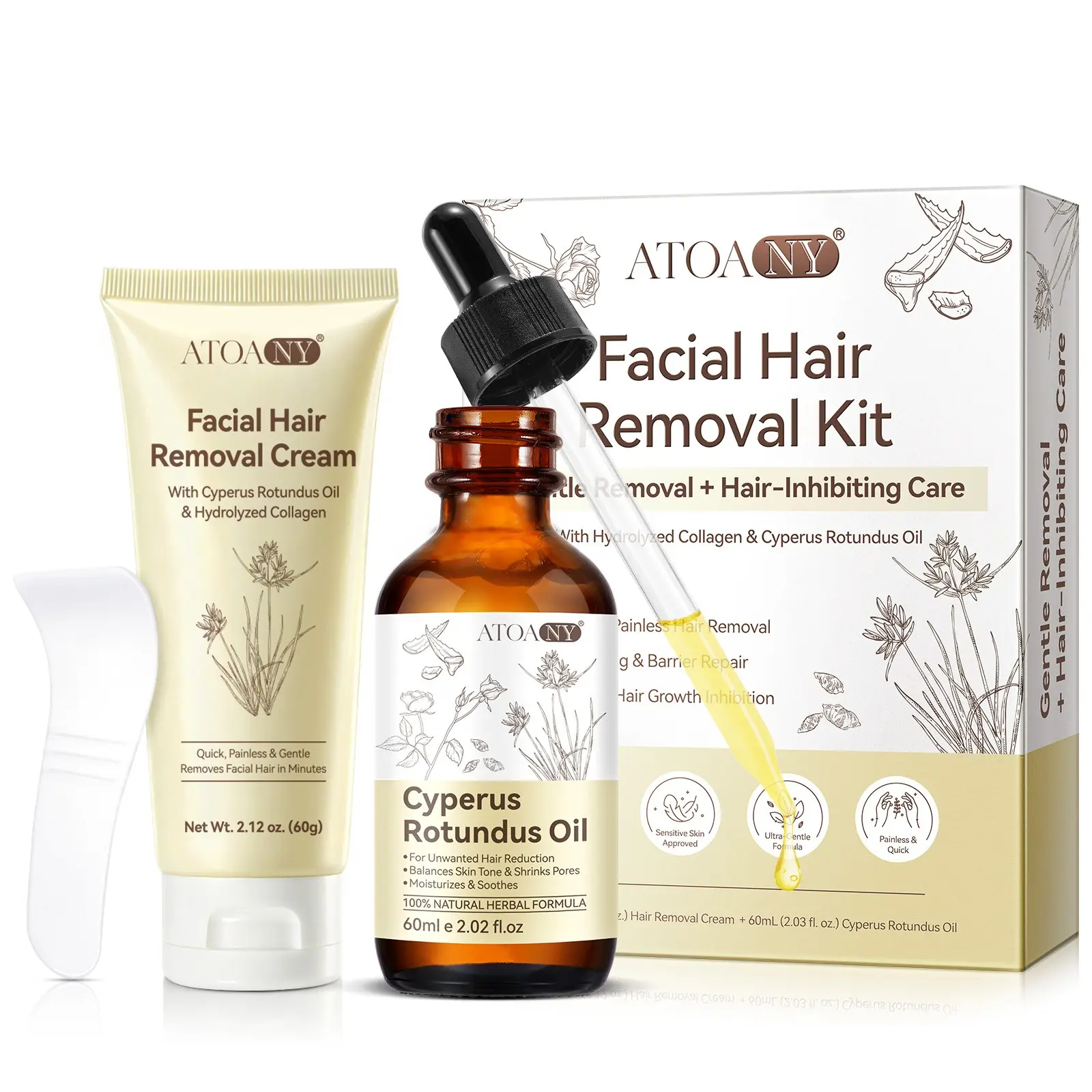 Atoany 2-Piece Hair Removal Kit for Face, Lips, Beard, Arms, 60g Gentle Depilatory Cream & 60ML After-Shave Oil, Women's Gift Set
