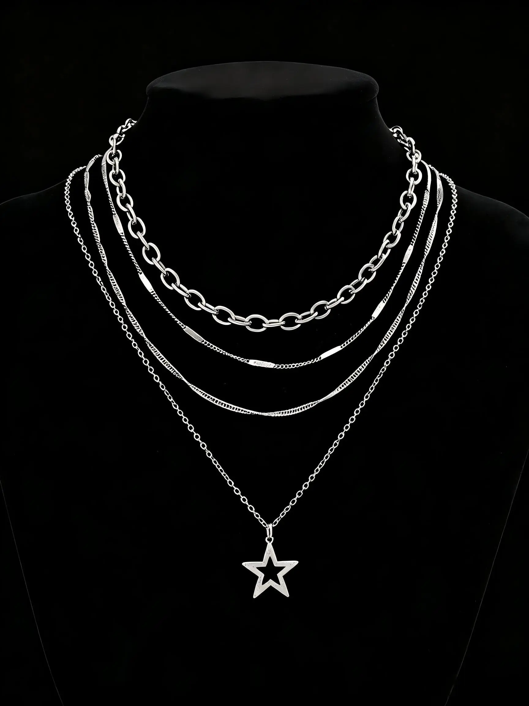 4pc Layered Necklace Set Vintage Silver Chains Hollow Star Pendant Choker Minimalist Punk Grunge Y2K Aesthetic Jewelry Everyday Wear Birthday Easter Gift for Women Girl Sister Bestie Matching Necklaces Stacking Chains Set TikTok Made Me