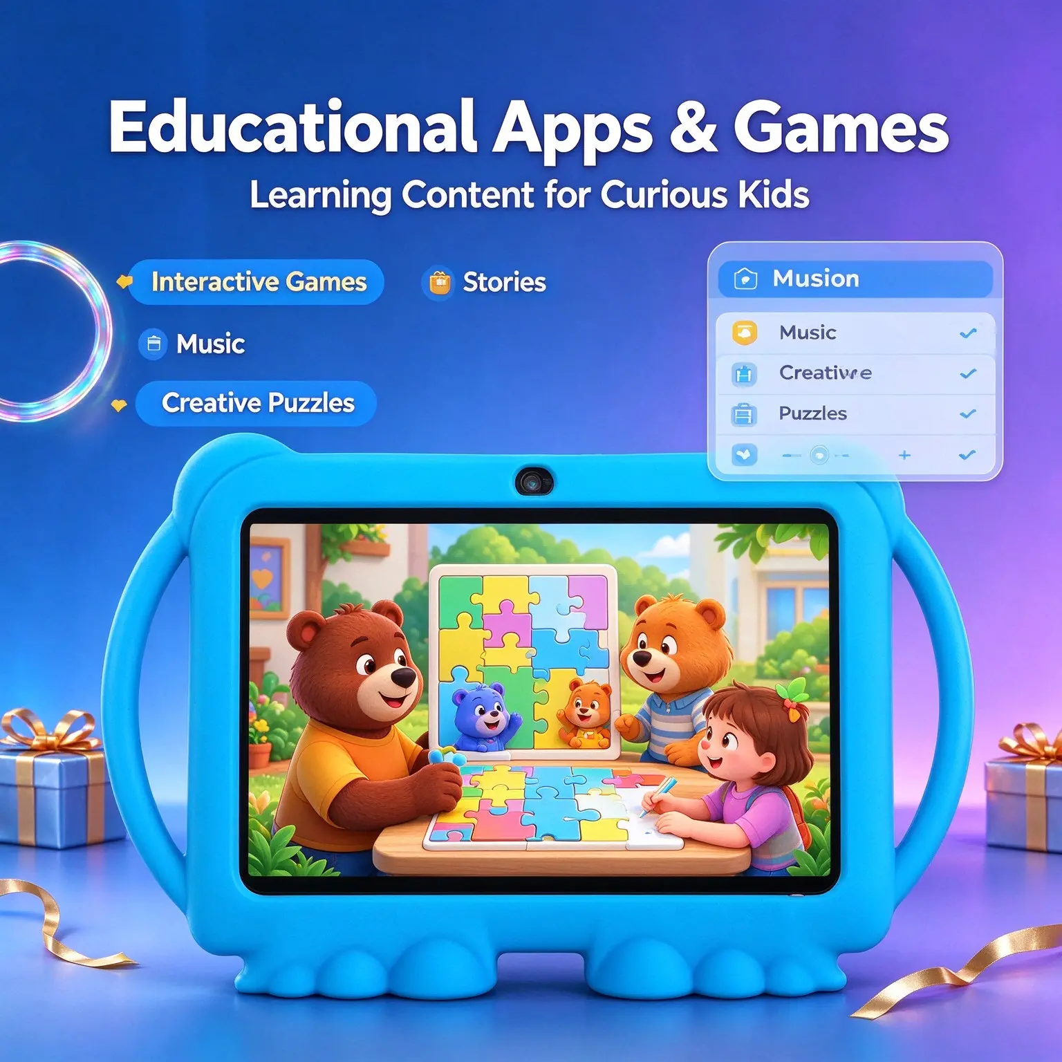 Build a healthy learning environment for kids, this 7 Inch HD Android Kids Learning Tablet comes with 1GB+16GB memory, rugged shockproof case, Wi-Fi & Bluetooth, parental control, eye protection and dual cameras.