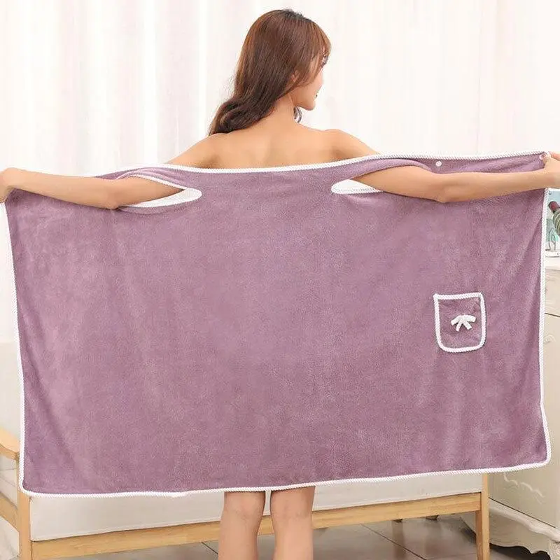 Women's Coral Fleece Wearable Towel Wrap - Off-Shoulder Bath Robe Dress, Quick-Dry, Cozy Soft, Cute Pocket, Convenient, Tumble Dry Compatible, S Size, Purple Bathroom Towel