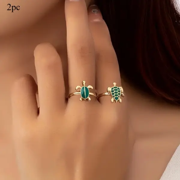 2-Piece Stackable Ring Set for Women, Dainty Ocean Themed Turtle Shell Enamel Jewelry with Thin Band for Casual Wear, Ocean Themed Stuff, Stackable Rings, Daily Wear, Metal Coating, Shell Textures, Turtle Motif