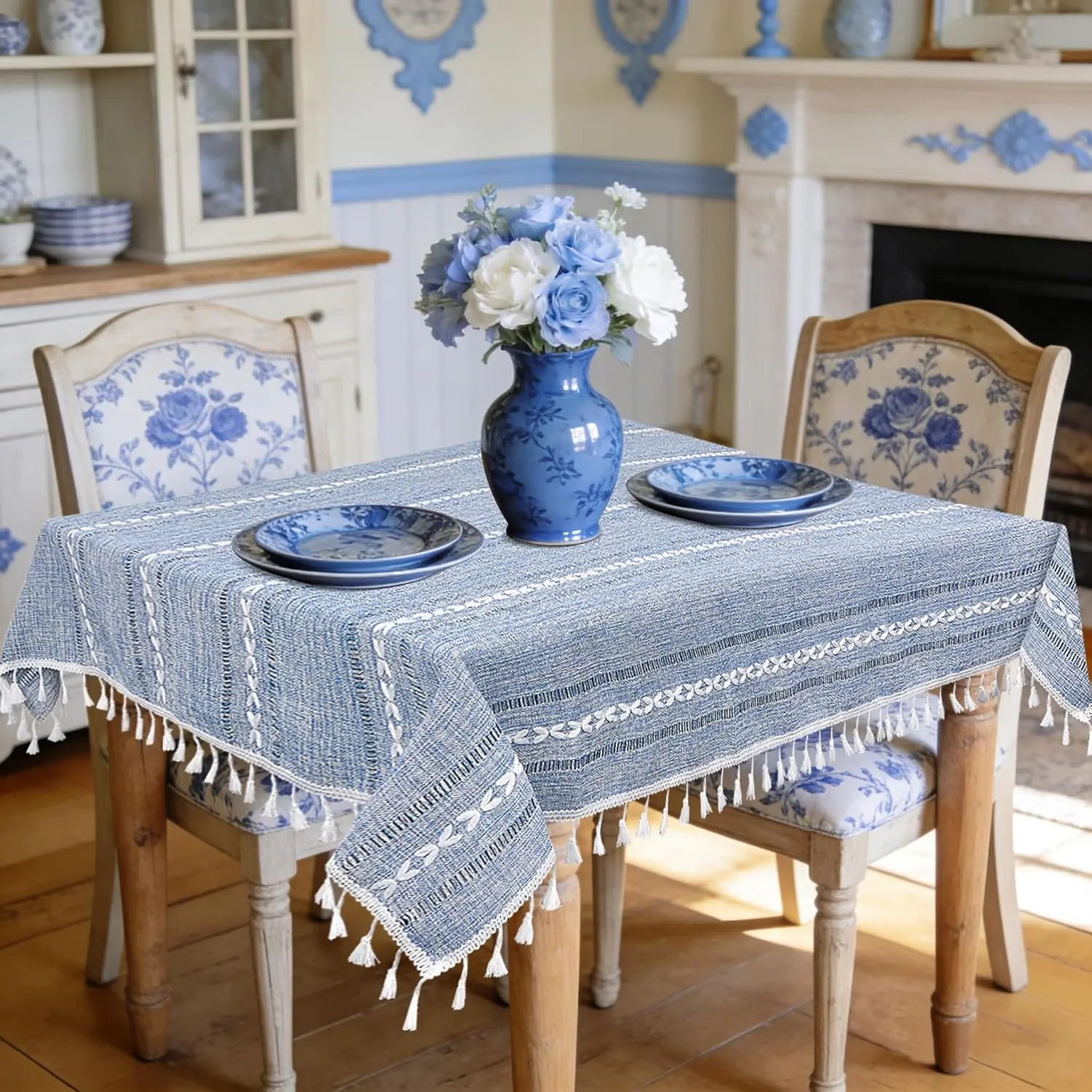 Small Blue Square Tablecloth 36''x36'', Spring Dusty Blue and White Linen Coffee Table Cover, Boho Nightstand Cover Top for Bedroom,End Table Cloth Runner, Summer Coastal Rustic   Decor