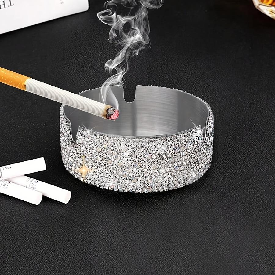 Bling Stainless Steel Ashtray with Rhinestone Design, Decorative Metal Ashtray for Home, Car, Desk and Patio, Luxury Portable Smoking Accessory