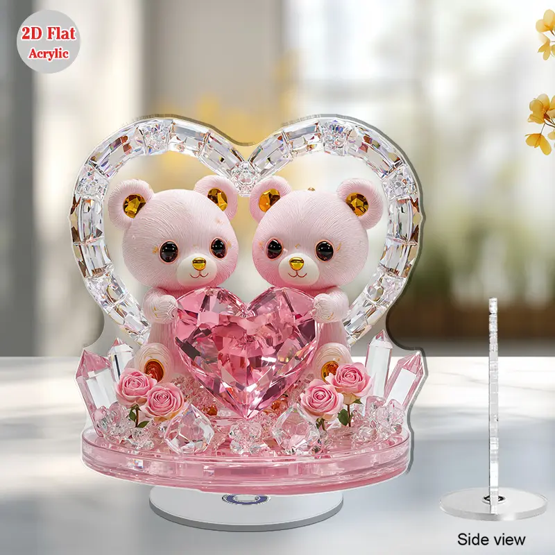 2D Rotating Acrylic Desktop Decoration - Light Pink Teddy Bear with Shiny Eyes and Gold Nose, Holding a Pink Heart, 2D Rotating Base, Suitable for Outdoor Holiday Decorations (Halloween, Christmas, Easter) - Cute Bear Gift, 2D Flat