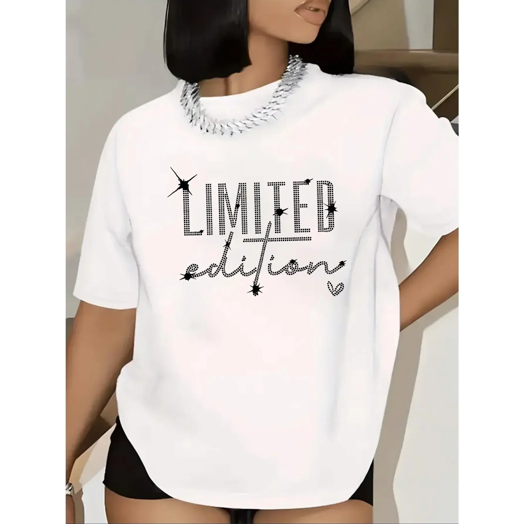 Women's Limited Edition Rhinestone Sparkle T-Shirt - Elegant Short Sleeve Round Neck Tee with Glitter Text & Star Design, Medium Stretch Machine-Washable Black Top for All-Season Wear, Stylish Layering Piece, Formal Casual Outfit, Comfortable Fit Shirt