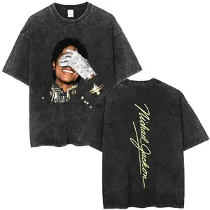 Michael Jackson Face Graphic Tee, Vintage Washed Oversized Hip Hop Streetwear T-Shirt, Retro Gothic Rock Cotton Summer Shirt