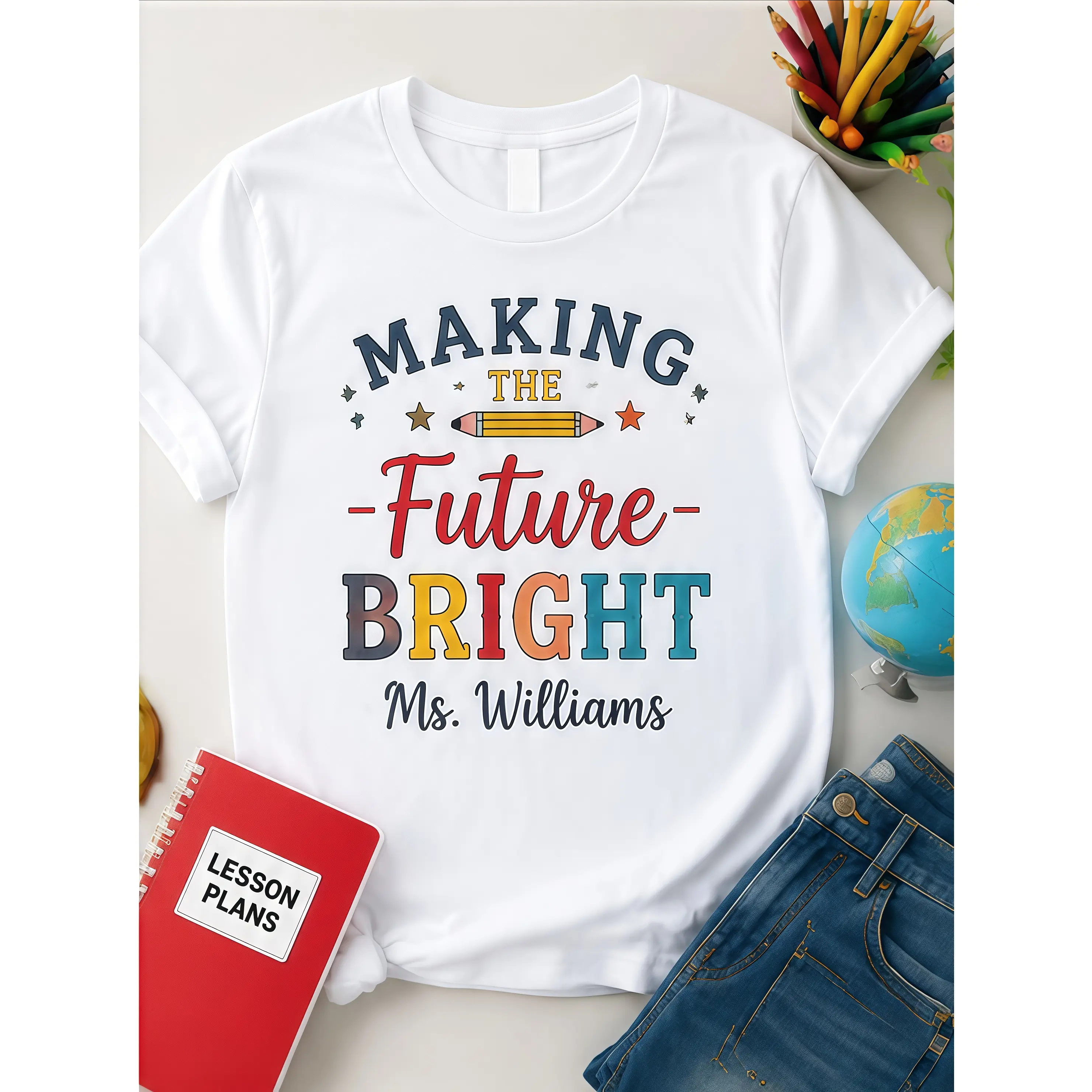 Custom Teacher Graphic T-Shirt with Personalized Name, Comfortable Back to School Gift, Smooth Cotton Spandex Blend Printed Shortsleeve Unisex Tee, Piece