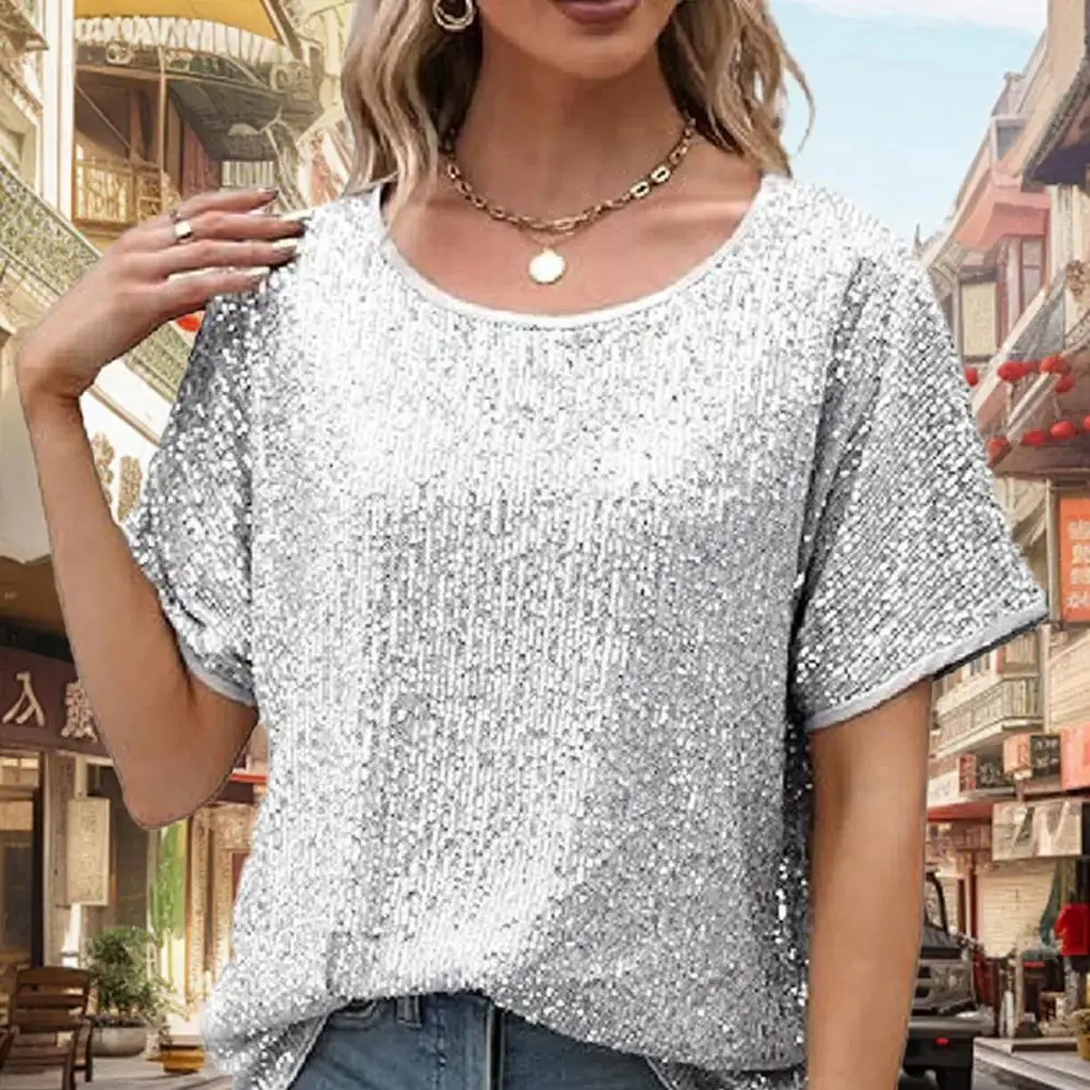 Women Glitter Blouse Round Neck Short Sleeve Loose Fit Tee Shirt Sparkling Shiny Sequin Shirt Casual Shirt Versatile Summer Tops