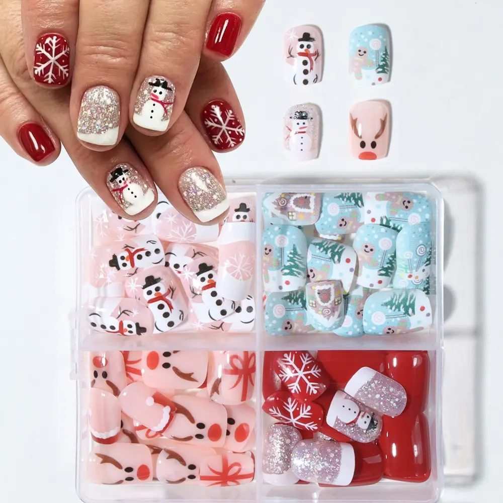 96pcs Christmas Nail Stickers, Short Square Press-On Nails, Snowman Reindeer Design, Winter Manicure Essentials, Perfect for Parties