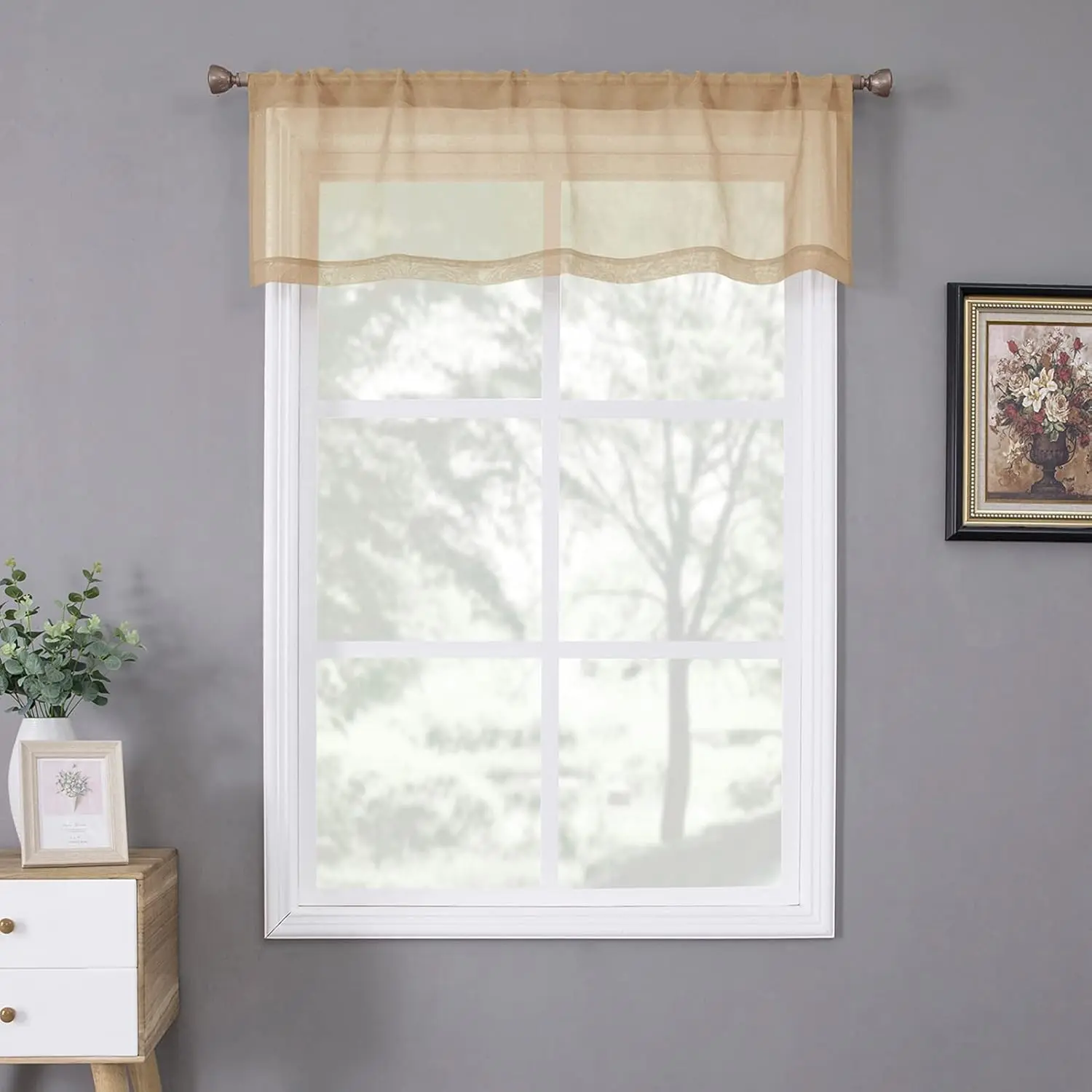 Sheer Valance Linen Textured Bedroom Valance Curtains Sheer Light Filtering Rod Pocket Voile Curtain Valances for Living Room, 54 x 16 inches Long, Beige, Set of 1 Panel