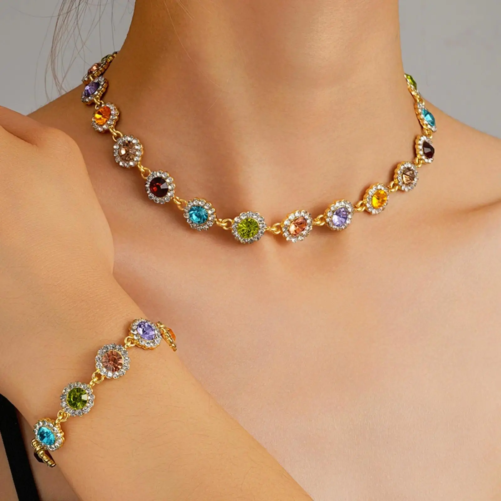 Women's Premium Fashionable Jewelry Set - 2-Piece Colorful Zircon Necklace & Bracelet, Sports Wristband-Compatible Unique Accessories, Ideal Gift for Women, 2 Piece Sets, Zirconia Jewelry Set, Funky Unique Accessories