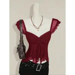 Burgundy Ruffled Mesh Babydoll Top - Sweetheart Neck Ruched Bust Sheer Flutter Sleeve Y2K Fitted Blouse for Women, Coquette Fairycore Vibe, Flowy Tiered Hem, Stretchy Fabric, Casual & Night Out for Grunge, Romantic, Gothic Style Lovers, Womenswear