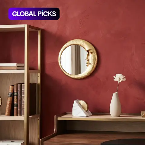 Round Wall Mirror with Moon and Face Design, Resin Wall-Mounted Home Decorative Mirror for Living Room and Bedroom, Mirrors for Wall Decor Living Room #GLOBAL PICKS