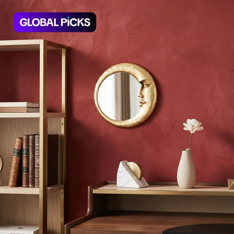 Round Wall Mirror with Moon and Face Design, Resin Wall-Mounted Home Decorative Mirror for Living Room and Bedroom, Mirrors for Wall Decor Living Room #GLOBAL PICKS