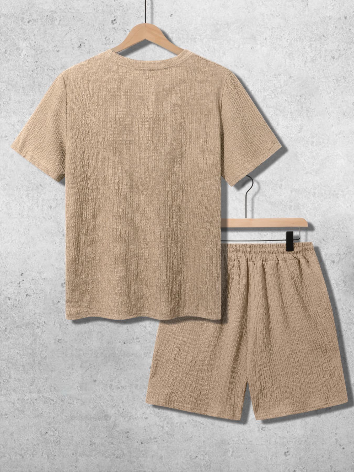 Men's Solid Textured Round Neck Tee & Drawstring Waist Shorts Pyjama Set, Short Sleeve Top & Shorts Set, Casual Comfy Men's Sleepwear & Loungewear, Menswear, Pajama Set