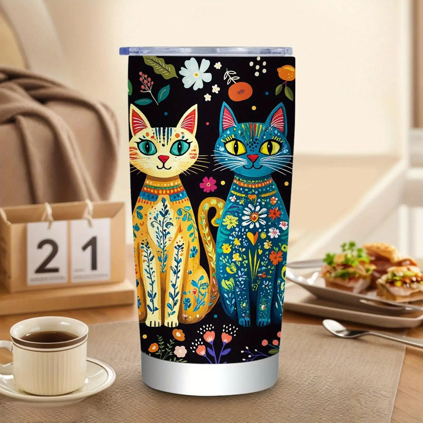 Color Block Cat Design Reusable Tumbler - Tumbler Shape, Heat Resistant, with Lid & Straw, Gift Ideas for Cat Lovers