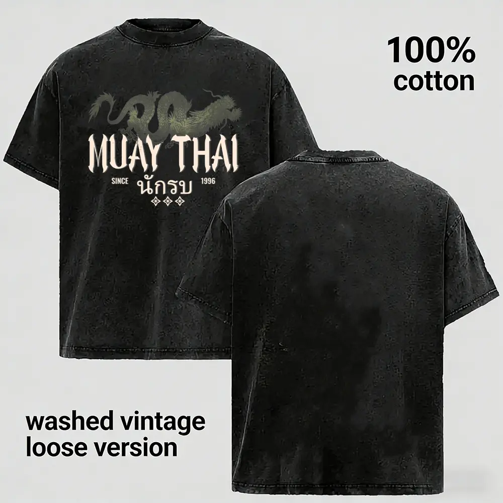 Vintage Washed Muay Thai Dragon Graphic T Shirt Men Loose Oversized 100% Cotton Streetwear Tee Perfect Gift For Fight Sports Lovers