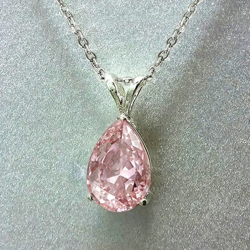 Womens Sparkling Pear Teardrop Cut Pink Zircon Pendant Necklace Shiny Solitaire Inlaid Zircon Necklace Delicate Silver‑Tone Chain Elegant Jewelry for Wedding Banquet Party Anniversary and Special Occasion Gift