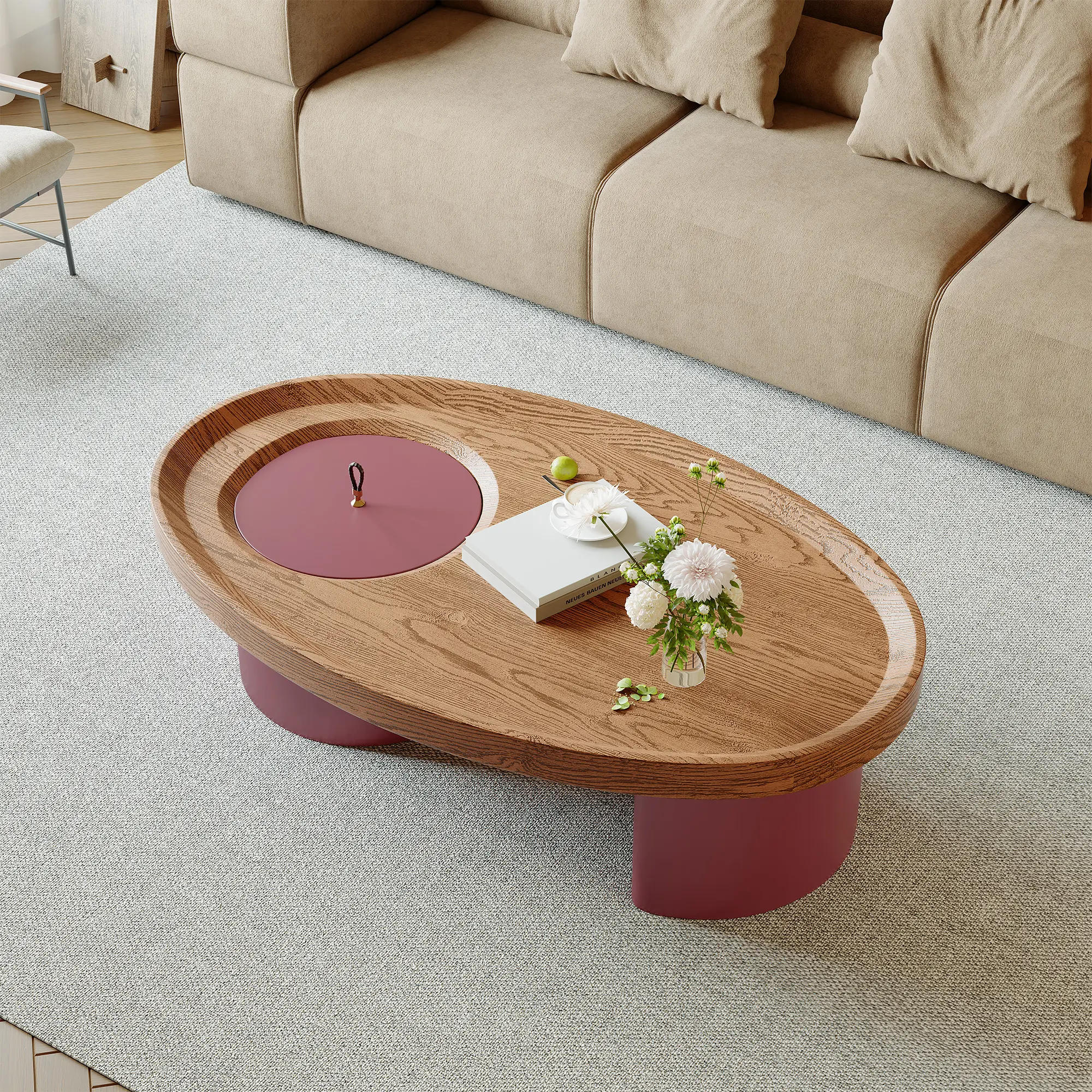 ARCH Oval Shape Coffee Table with Hidden Storage Hutch, 45.3 in Mid-Century Modern Wood Center Table, Walnut Top & Red Legs, Large Living Room Furniture, Easy Assembly, MDF-Plywood Build, Red/Walnut Color Options