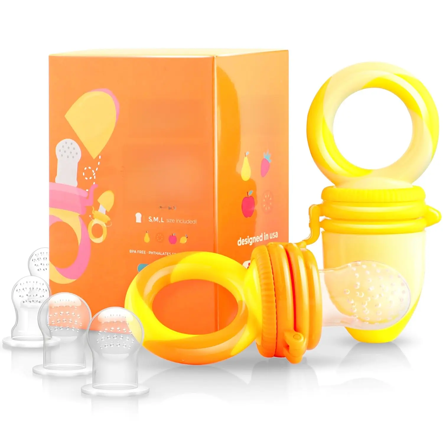 Baby Food Feeder/Fruit Feeder Pacifier Nibbler (2 Pack) - Infant Teething Toy Teether Weaning in Appetizing Colors |       + Additional Silicone Bags