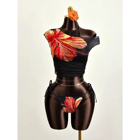 Women 3 Pieces Bikini Set Floral Print Halter Top, Black Cover Up, Side Tie Swim Shorts For Summer Beach Vacation