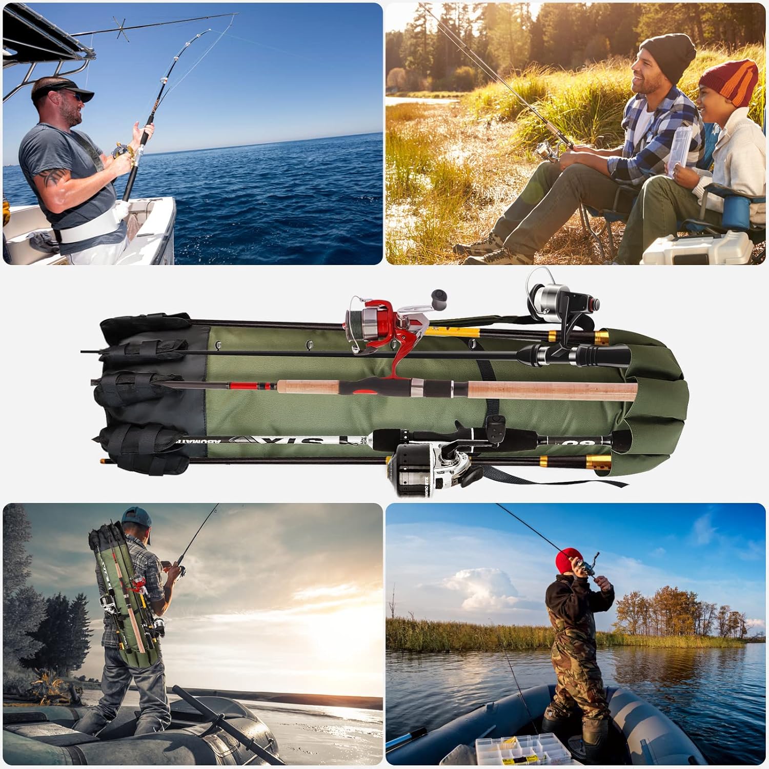 Foldable Oxford Fabric Fishing Rod Storage Bag, Portable Lightweight Outdoor Shoulder Carry Case Green for Men Fishing Gear and Baitcaster Rods