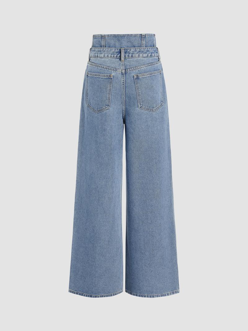 Cider Double Waist Solid Button Wide Leg Jeans
