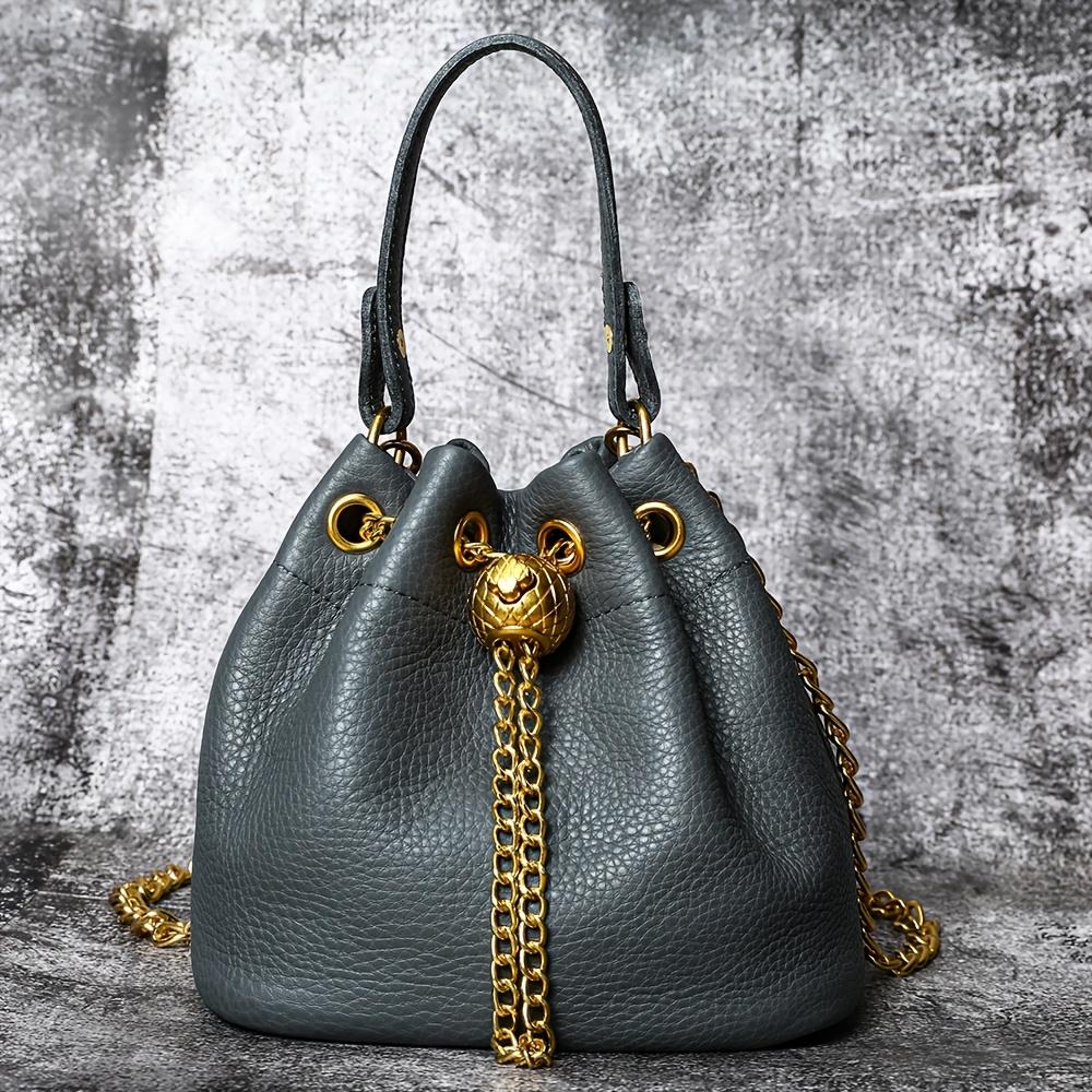 Ladies' First-Layer Cowhide Bucket Bag, Genuine Leather Handbag with Golden Hardware, Detachable Shoulder Strap with Chain Decoration, Elegantly Stylish Design, Multifunctional Fashion Accessory |     Elegant Design |     Vegan Handbag