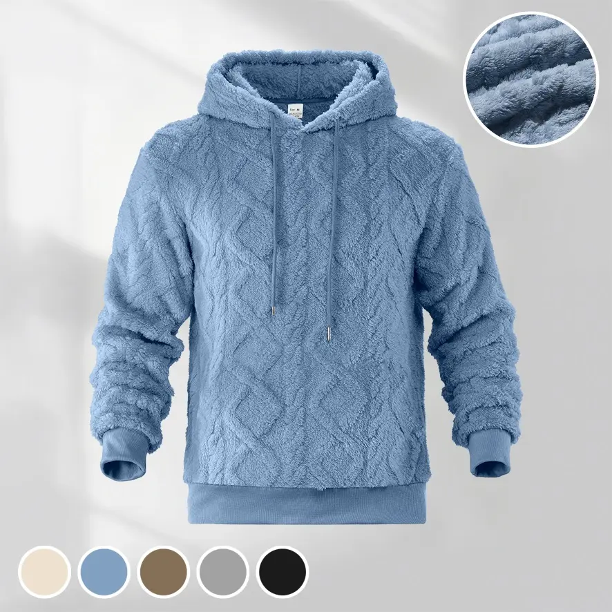 Men’s Fuzzy Sherpa Pullover Hoodie, Warm Plush Textured Long Sleeve Hooded Sweatshirt with Drawstring, Relaxed Fit Casual Streetwear for Fall & Winter