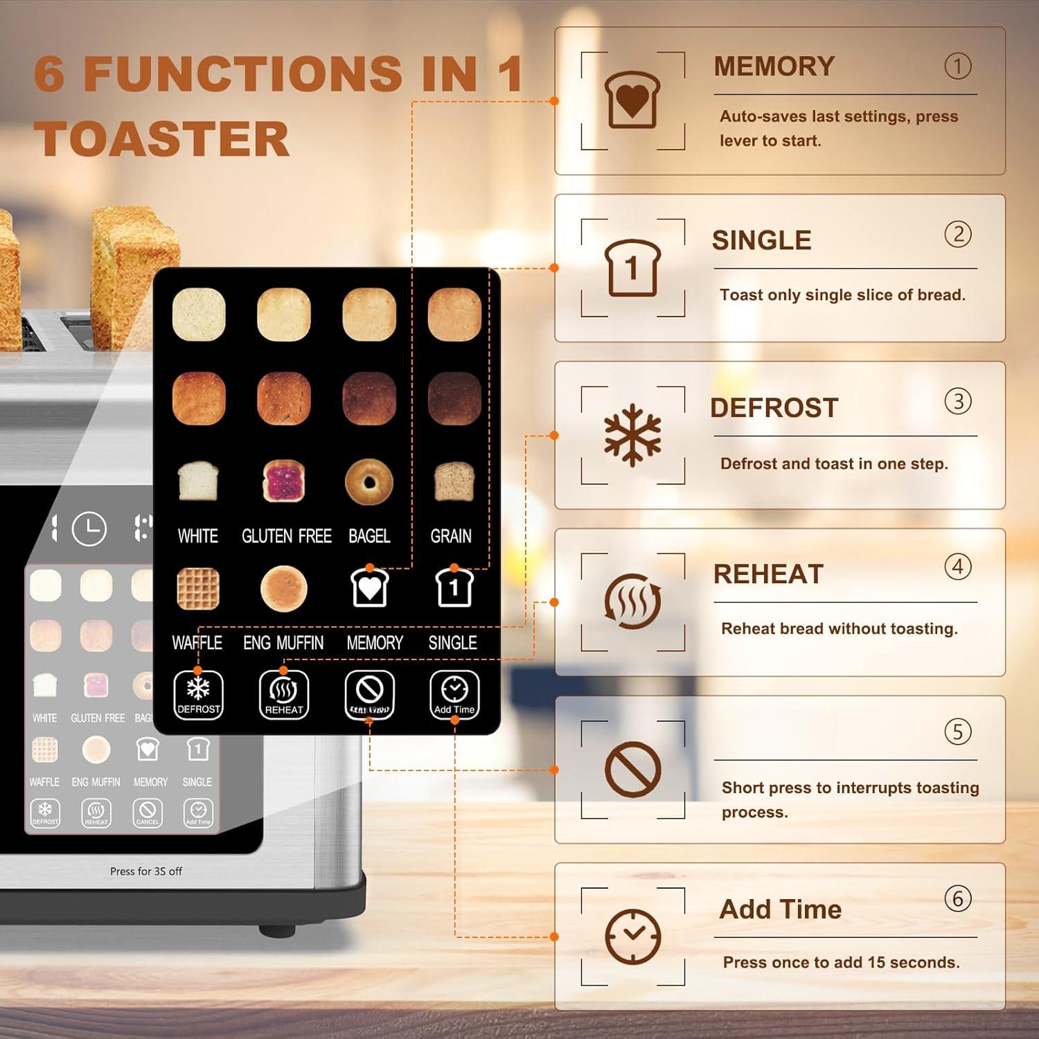 4 Slice Toaster Touch Screen, Stainless Steel Toasters Digital Timer, Dual Control Panel Toasters, 8 Shade Settings 6 Bread Types for Bagel, Cancel, Defrost 1650W