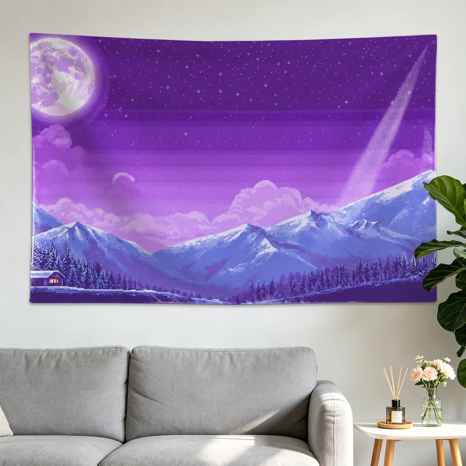 Purple Pixel Art Mountain Moonscape Wall Tapestry - Large Polyester Printed Horizontal Wall Decor Artwork, No-Installation Room Decor Gift Idea for Family