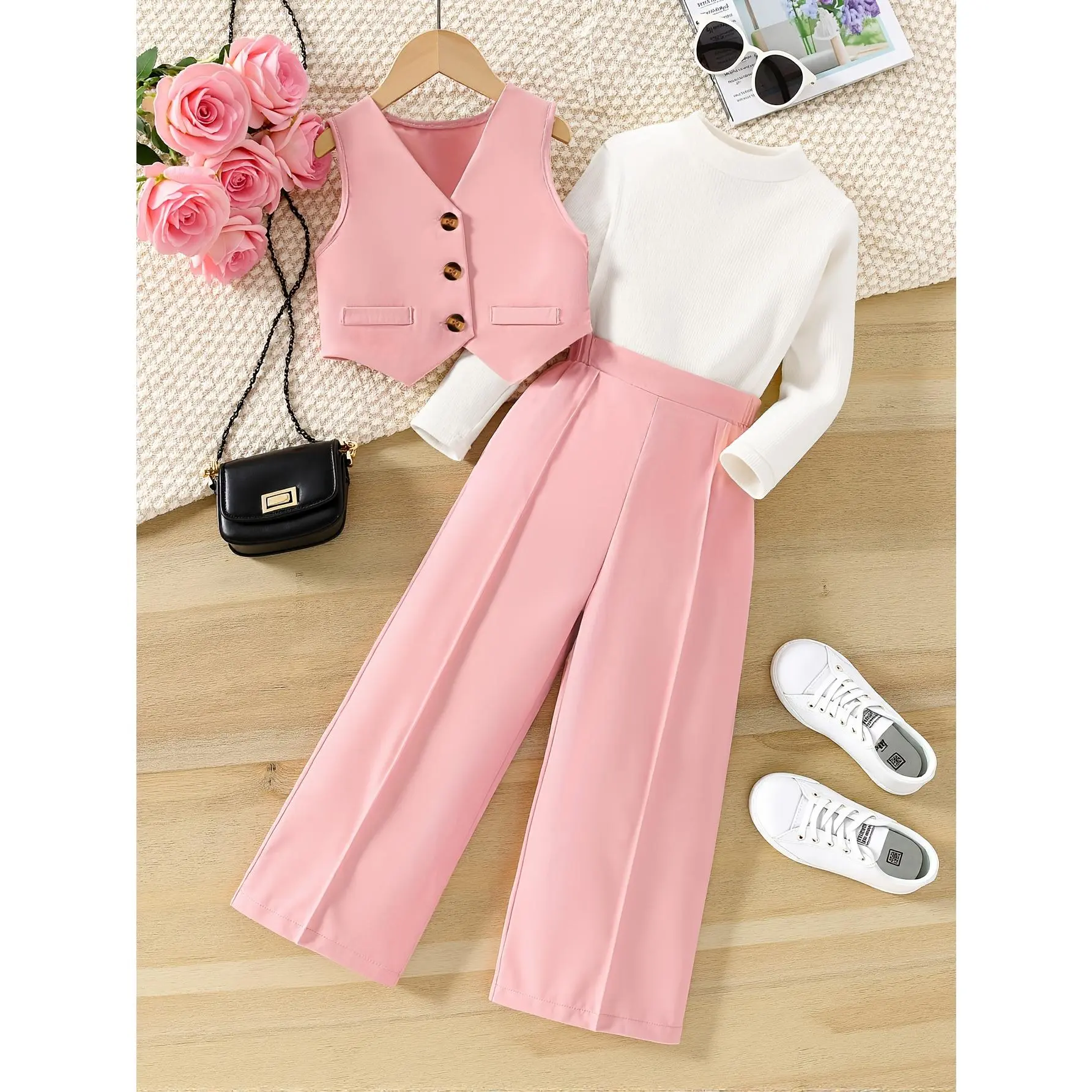 Girls' 3-Piece Pink School Uniform Set WQ4734543 - Polyester Vest, Round-Neck Top, Wide-Leg Pants, Autumn Outfit for Kids Up to 12 Years