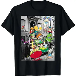 Unisex 90s Nickelodeon Cartoon Collage Graphic T-Shirt, Vintage Retro Classic Nick Characters NYC Brownstone Street Print Crew Neck Tee, Soft Lightweight Cotton Casual Top, Nostalgic Y2K Throwback Anime Fan Party Gift Shirt for Men Women