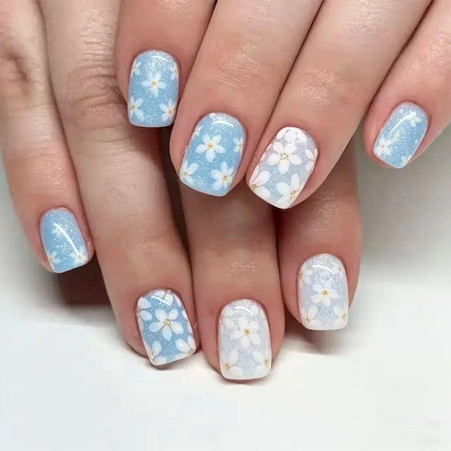 24pcs Short Blue Daisy Press-On Nails, Glossy Floral Fake Nails, Reusable Summer Daily Wear, Suitable for Women and Girls