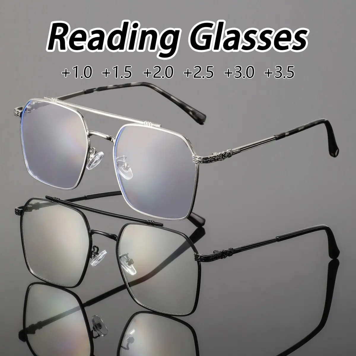 Men's Vintage Reading Glasses, Reading Eyeglasses, Lightweight Metal Bifocal Lenses, Adjustable Diopters +1.0 to +3.5, Ideal for Home Office Travel