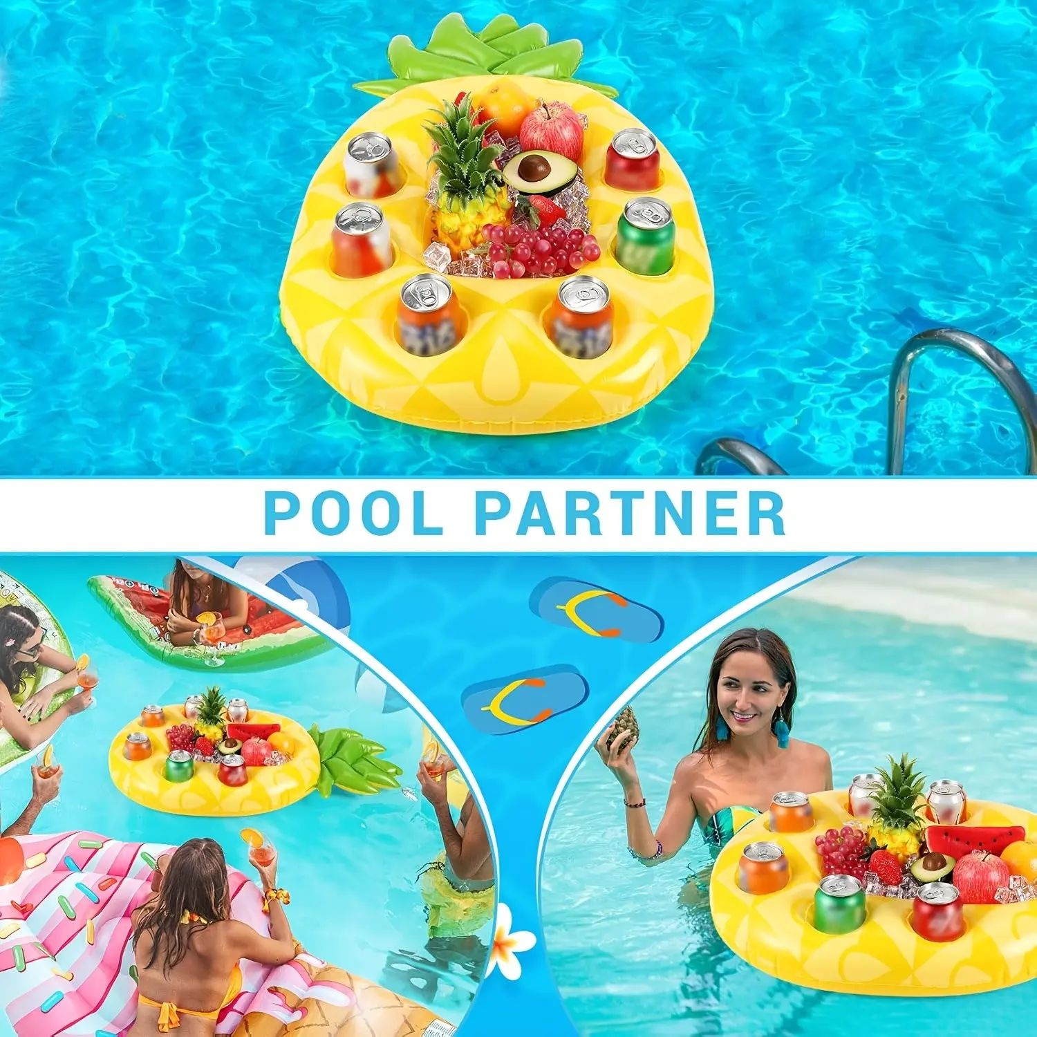 2pcs Avocado Pineapple Inflatable Floating Drink Holder, Pool Floating Bar Cooler with Ice Bucket Drink Tray, Suitable for Hot Tubs, Pool Parties, Beach Gatherings, and Summer Outdoor Entertainment(Includes Inflator)