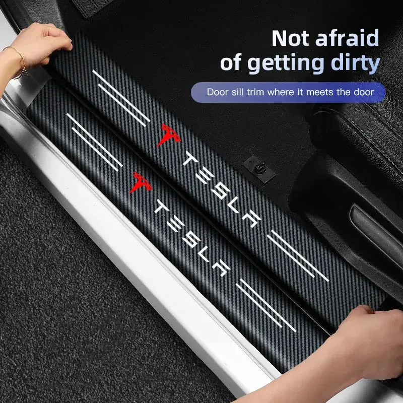 4Pcs Car Carbon Fiber Door Sill Sticker Anti-Scuff Plate Anti-Scratch Protective For Tesla Model 3 Model S Model X Model Y Cybertruck Roadster SpaceX Car Door Trim Sticker