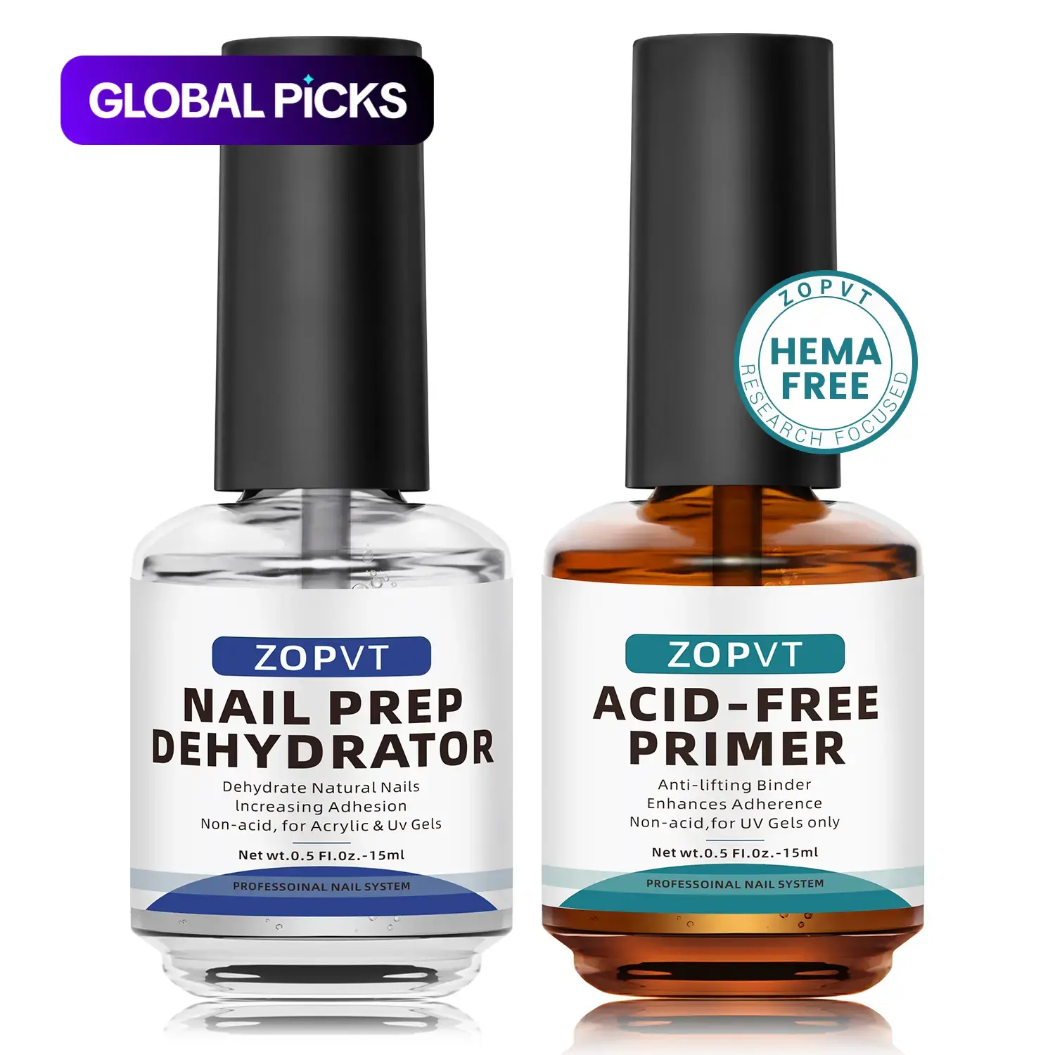 Acid-Free Nail Primer and Nail Dehydrator for Acrylic and UV Gels, 2 Pcs/Set Fast-Drying Nail Art Primer Base Coat, Professional Nail Art Supplies Nail Care for Women and Girls
