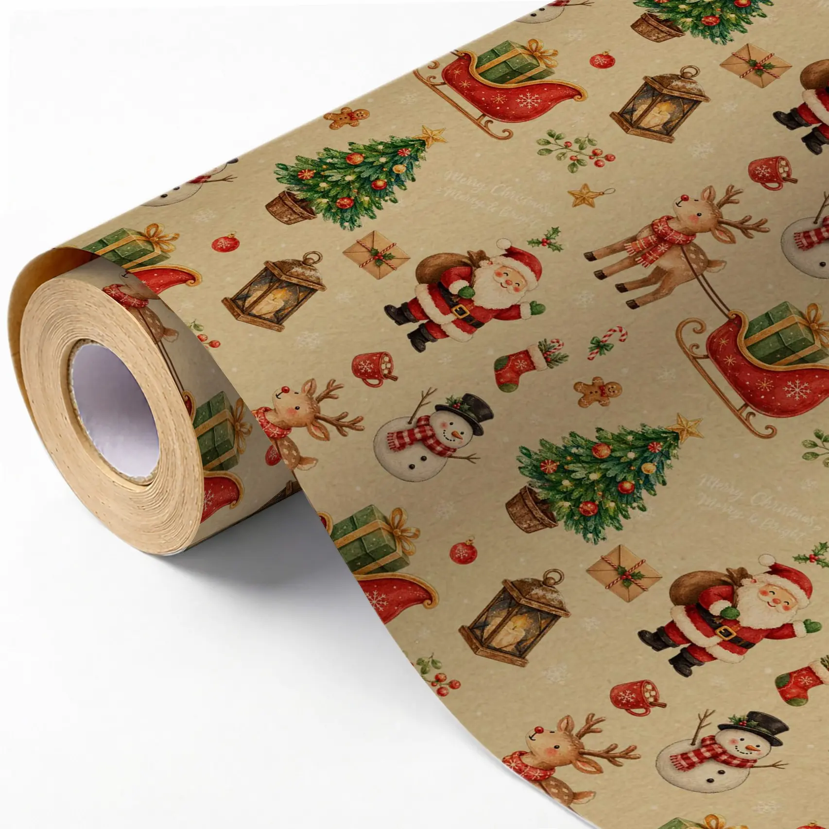 5m Vintage Christmas Kraft Paper Roll, Santa Reindeer Gift Wrapping Paper, Holiday Bouquet Box DIY Craft Decoration Paper
