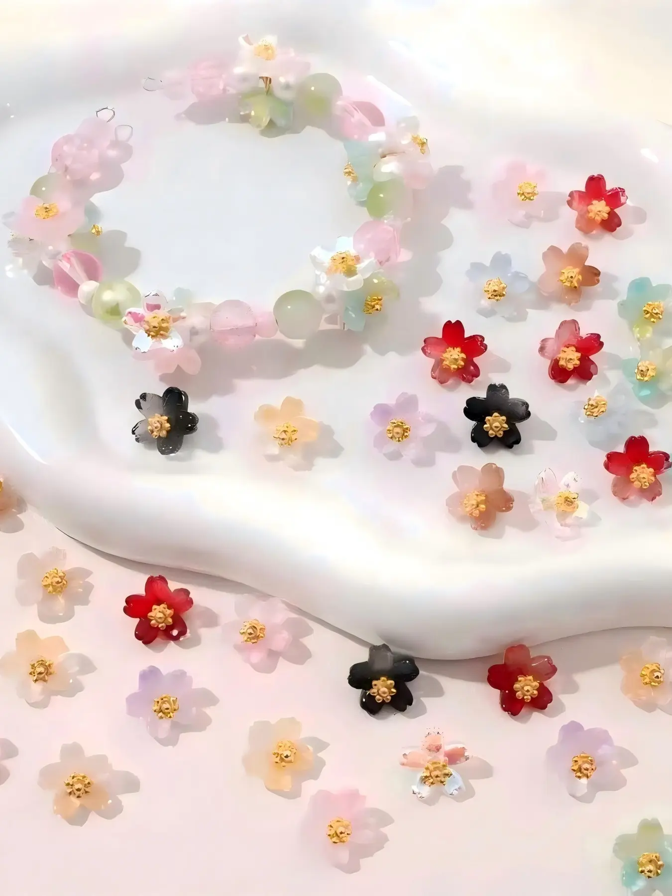 50pcs Mixed Color Translucent Sakura Flower Charms, Gold Center, Gradient Acrylic Pendants, DIY Jewelry Supplies, Cute Floral Craft Accessories