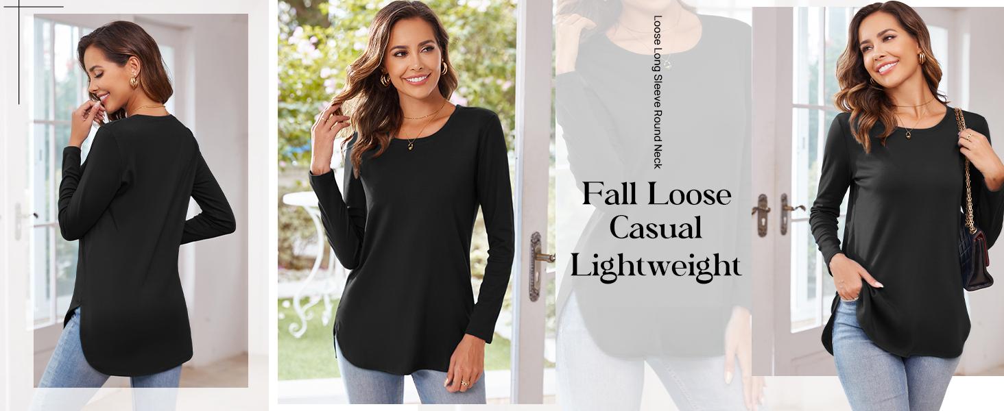 Women's Casual Long Sleeve T Shirt Crewneck with Side Split Fall Pullover Loose Tunic Sweater Tops