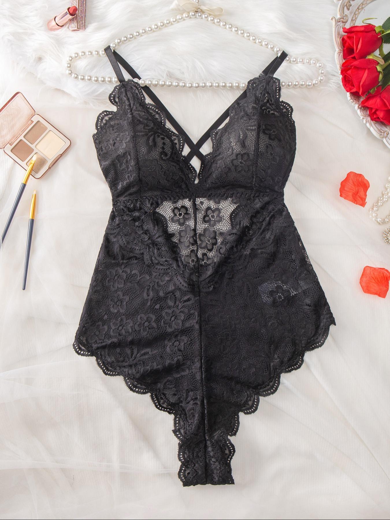 【Plus Size】 Criss Cross Cut Out Sheer Lace Cami Bodysuit, Open Crotch Design Sexy Bodysuit for Daily Wear, Women's Plus Size Sexy Lingerie for All Seasons