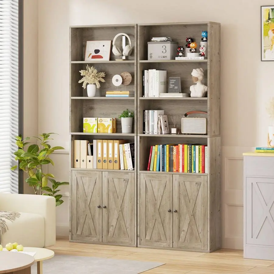 6-Tier Open Bookcase And Bookshelf With Doors, Floor Standing Farmhouse Display Storage Shelves 71 Inch Wood Tall Bookcase For Home Office, Living Room, Bed Room,cabinet,organizer,,shoe,rack,kitchen,unique,round bookcase,vinyl,,,magnetic,clear,,fur,indoor