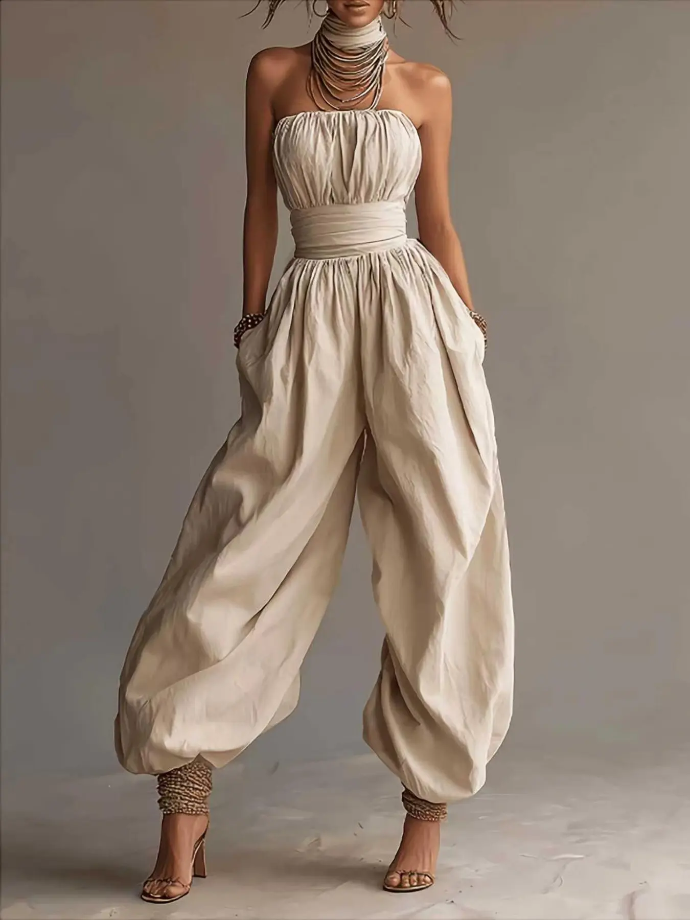 1pc Strapless Ruched Waist Balloon Wide Leg Jumpsuit, Tube Top High Waist Loose Vacation One Piece (Accessories Not Included)
