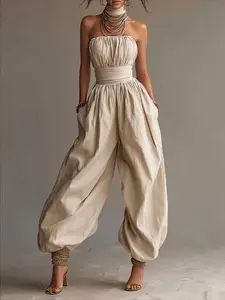 1pc Strapless Ruched Waist Balloon Wide Leg Jumpsuit, Tube Top High Waist Loose Vacation One Piece (Accessories Not Included)