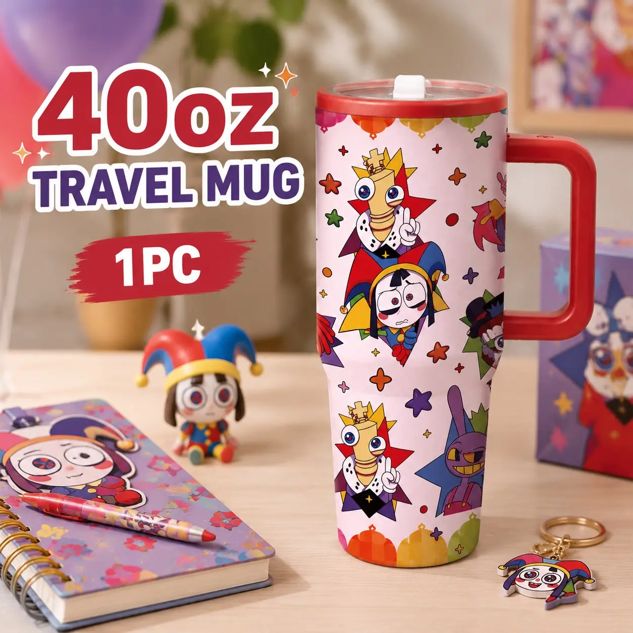1 Pc 40oz The Amazing Digital Circus Colorful Cartoon Insulated Tumbler with Handle, Double Wall Vacuum Travel Mug, Cute Character Design Coffee Cup, Perfect for Office, School, Travel, Daily Use, Birthday, Christmas & Holiday Gifts