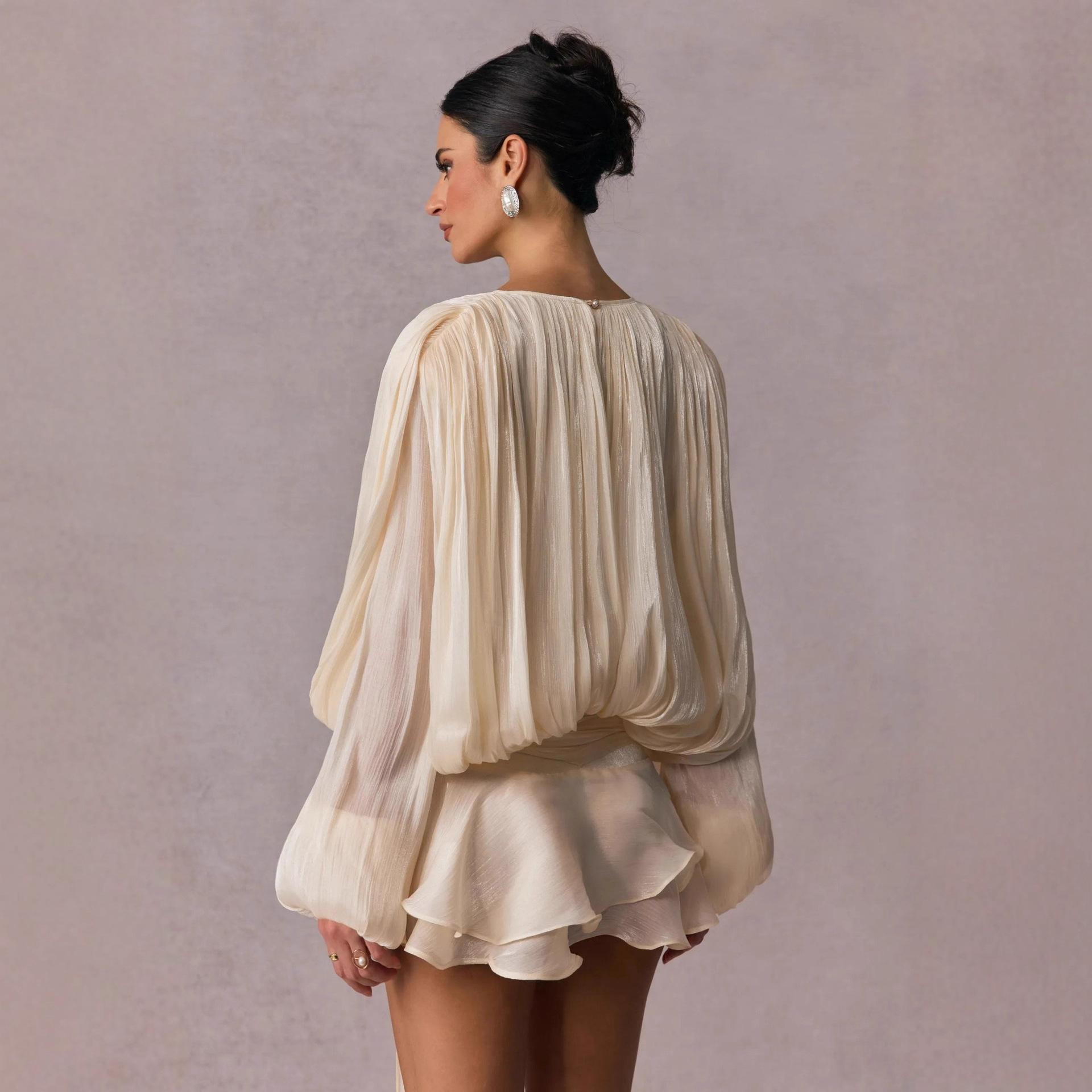 sequin fabric pleated lantern sleeves multi-layered ruffled hem mini dress,Pleated Ruffle Hem Mini Dress Hollow Out Tiered